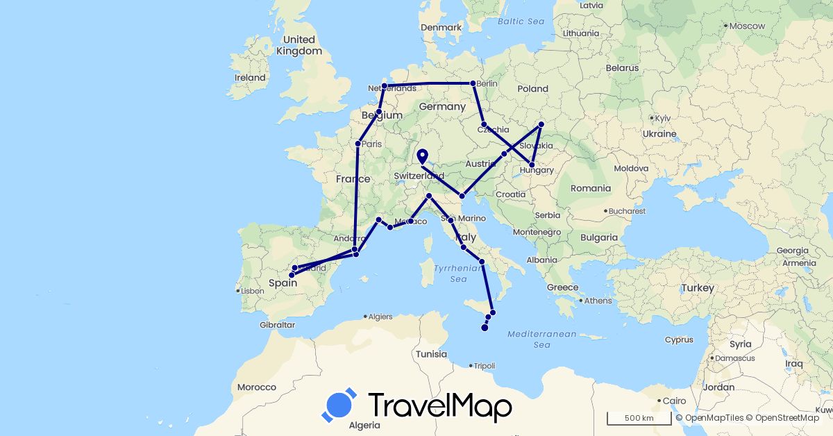 TravelMap itinerary: driving in Austria, Belgium, Switzerland, Czech Republic, Germany, Spain, France, Hungary, Italy, Monaco, Malta, Netherlands, Poland (Europe)